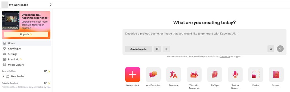 Kapwing のホーム画面（2026年10月19日、無料アカウント）。左のメニューに Home、Kapwing AI、Settings、Brand Kit、Media Library。左上に Upgrade のボタン