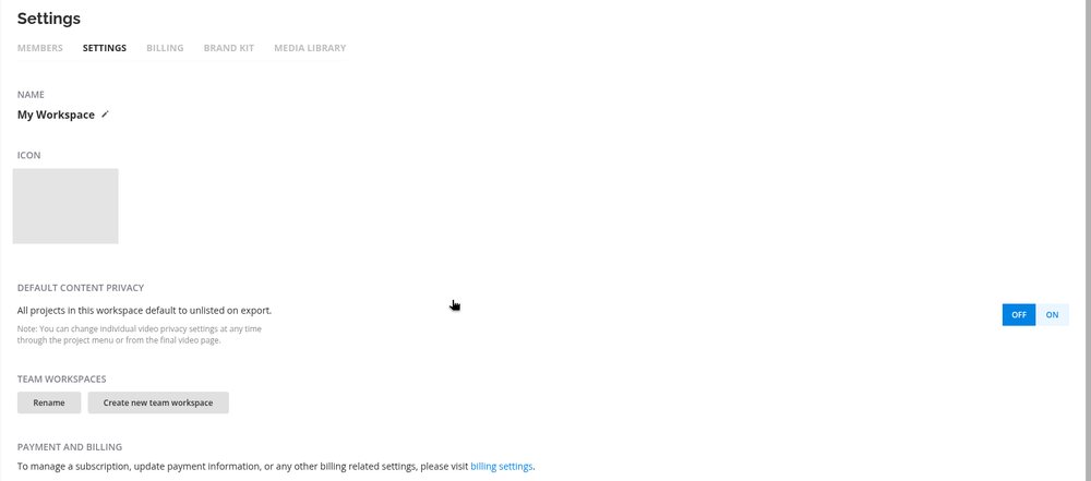 Kapwing の Settings 画面（2026年10月19日）。上のタブは MEMBERS、SETTINGS、BILLING、BRAND KIT、MEDIA LIBRARY。下に PAYMENT AND BILLING：To manage a subscription … please visit billing settings