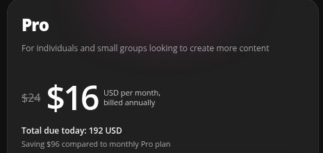 Kapwing の「Upgrade your workspace」画面の Pro の部分（2026年10月19日、Annual＝年払いを選んだ状態）。$24 に取り消し線、$16 USD per month, billed annually、Total due today: 192 USD、Saving $96 compared to monthly Pro plan