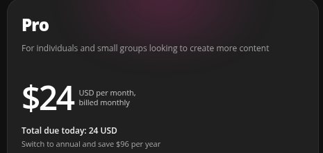 Kapwing の「Upgrade your workspace」画面の Pro の部分（2026年10月19日、Monthly＝月払いを選んだ状態）。$24 USD per month, billed monthly、Total due today: 24 USD、Switch to annual and save $96 per year