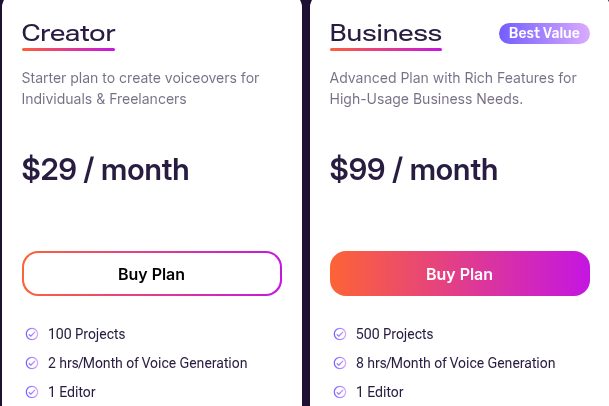 Murf の料金ページ（Studio タブ、Billed Monthly＝月払い、2026年10月20日）の Creator と Business の部分。Creator $29 / month、100 Projects、2 hrs/Month of Voice Generation、1 Editor。Business $99 / month、Best Value の表示、500 Projects、8 hrs/Month of Voice Generation、1 Editor