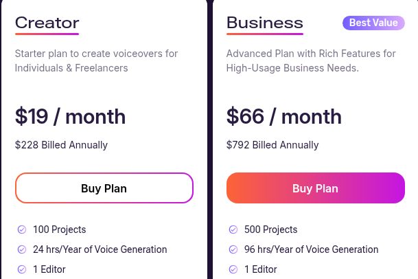 Murf の料金ページ（Studio タブ、Billed Yearly＝年払い、2026年10月20日）の Creator と Business の部分。Creator $19 / month、$228 Billed Annually、24 hrs/Year of Voice Generation。Business $66 / month、$792 Billed Annually、96 hrs/Year of Voice Generation