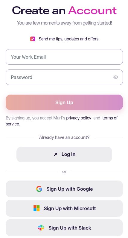 Murf の Create an Account（サインアップ）画面（2026年10月20日）。Send me tips, updates and offers にチェックが入っている。Your Work Email と Password の欄、Sign Up ボタン、By signing up, you accept Murf’s privacy policy and terms of service、Log In、Sign Up with Google、Sign Up with Microsoft、Sign Up with Slack