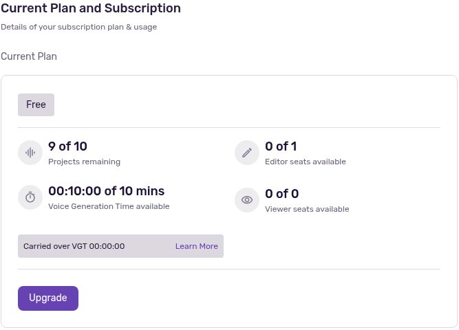 Murf の Workspace Settings の Subscription（無料プラン、2026年10月20日）。Current Plan は Free、9 of 10 Projects remaining、0 of 1 Editor seats available、00:10:00 of 10 mins Voice Generation Time available、0 of 0 Viewer seats available、Carried over VGT 00:00:00、Upgrade のボタン。解約のボタンはない