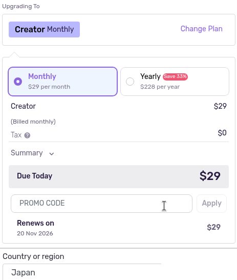 Murf の支払い画面（Upgrade Plan、2026年10月20日、カード番号を入れる前）。Upgrading To Creator Monthly と Change Plan。Monthly $29 per month を選択、横に Yearly Save 33% $228 per year。Creator $29（Billed monthly）、Tax $0、Due Today $29、PROMO CODE の欄、Renews on 20 Nov 2026 $29。下に右側の Country or region の欄を並べたもの：Japan