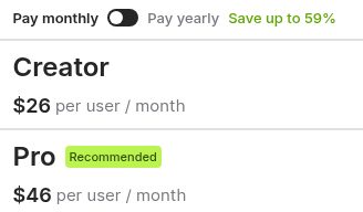 VEED の料金ページ(表示B、Pay monthly=月払いを選んだ状態、2026年10月20日)の金額の部分。横に並んだプランを縦に並べ替えたもの。Save up to 59%。Creator $26 per user / month、Pro(Recommended)$46 per user / month