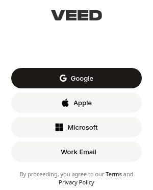 VEED の veed.io/login の画面(2026年10月20日)。Google、Apple、Microsoft、Work Email の4つのボタン。By proceeding, you agree to our Terms and Privacy Policy
