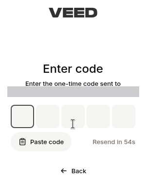 VEED の Enter code の画面(2026年10月20日、送り先のメールアドレスは塗りつぶし)。Enter the one-time code sent to の下に5つの入力欄、Paste code、Resend in 54s、Back
