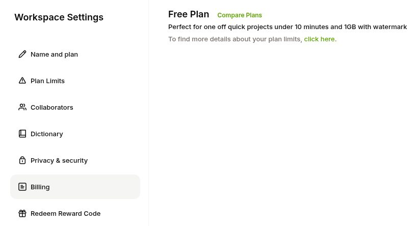 VEED の Workspace Settings(2026年10月20日、無料アカウント)。左に Name and plan、Plan Limits、Collaborators、Dictionary、Privacy & security、Billing、Redeem Reward Code。右に Free Plan と Perfect for one off quick projects under 10 minutes and 1GB with watermark。Turn off auto-renewal はない