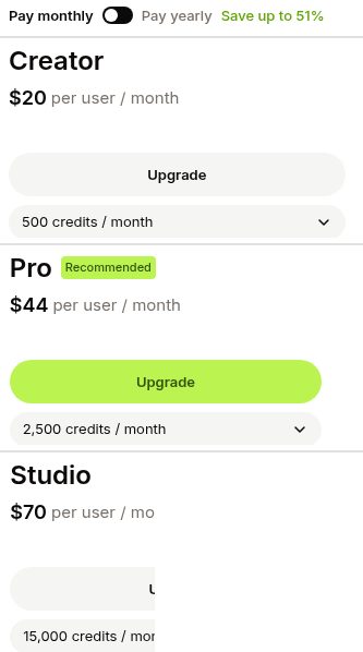 VEED の Upgrade の画面(2026年10月20日、Pay monthly、Save up to 51%。横に並んだプランを縦に並べ替えたもの。Studio は右が切れている)。Creator $20 per user / month・500 credits / month、Pro(Recommended)$44・2,500 credits / month、Studio $70・15,000 credits / month