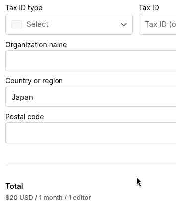 VEED の決済画面で会社として買うときの欄(2026年10月20日)。Tax ID type、Tax ID、Organization name、Country or region は Japan、Postal code、Total $20 USD / 1 month / 1 editor