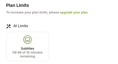VEED の Plan Limits(2026年10月20日、字幕を作ったあと)。To increase your plan limits, please upgrade your plan.、AI Limits、Subtitles 09:48 of 10 minutes remaining